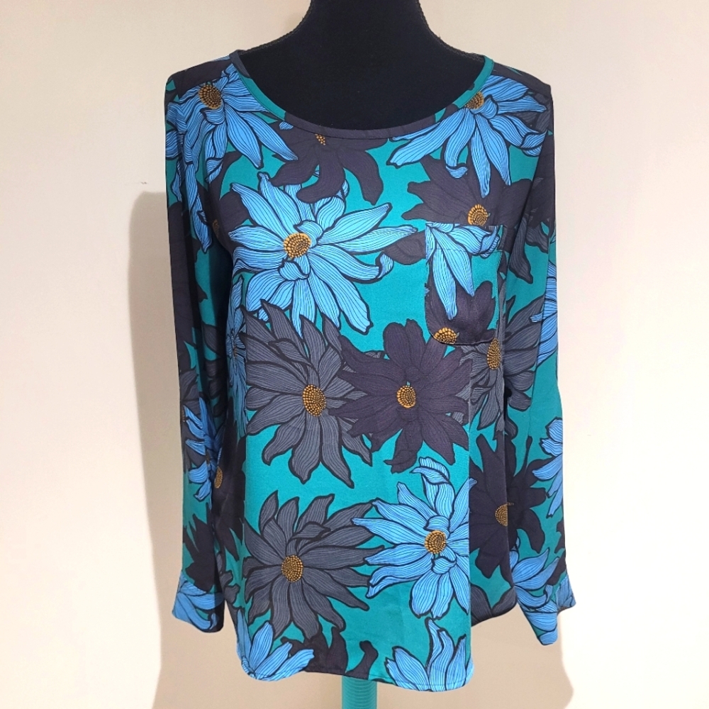 Loft Women's Oversized Print Floral Long Sleeve Blouse Small Green Blue Feminine